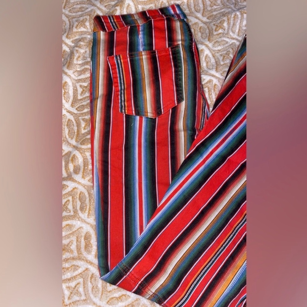 Retro Jeans LUCKY BLESSED HIGH RISE FLARE Serape Stripe Red Black Blue Size 10 - Picture 9 of 10